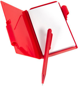 Блокнот для записей с авторучкой; красный; 10,5х7,9х1,1 см; пластик; тампопечать