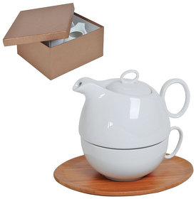 Набор "Мила": чайник и чайная пара в подарочной упаковке, 22х22х12см,500мл и 300мл, фарфор, бамбук (H21501)